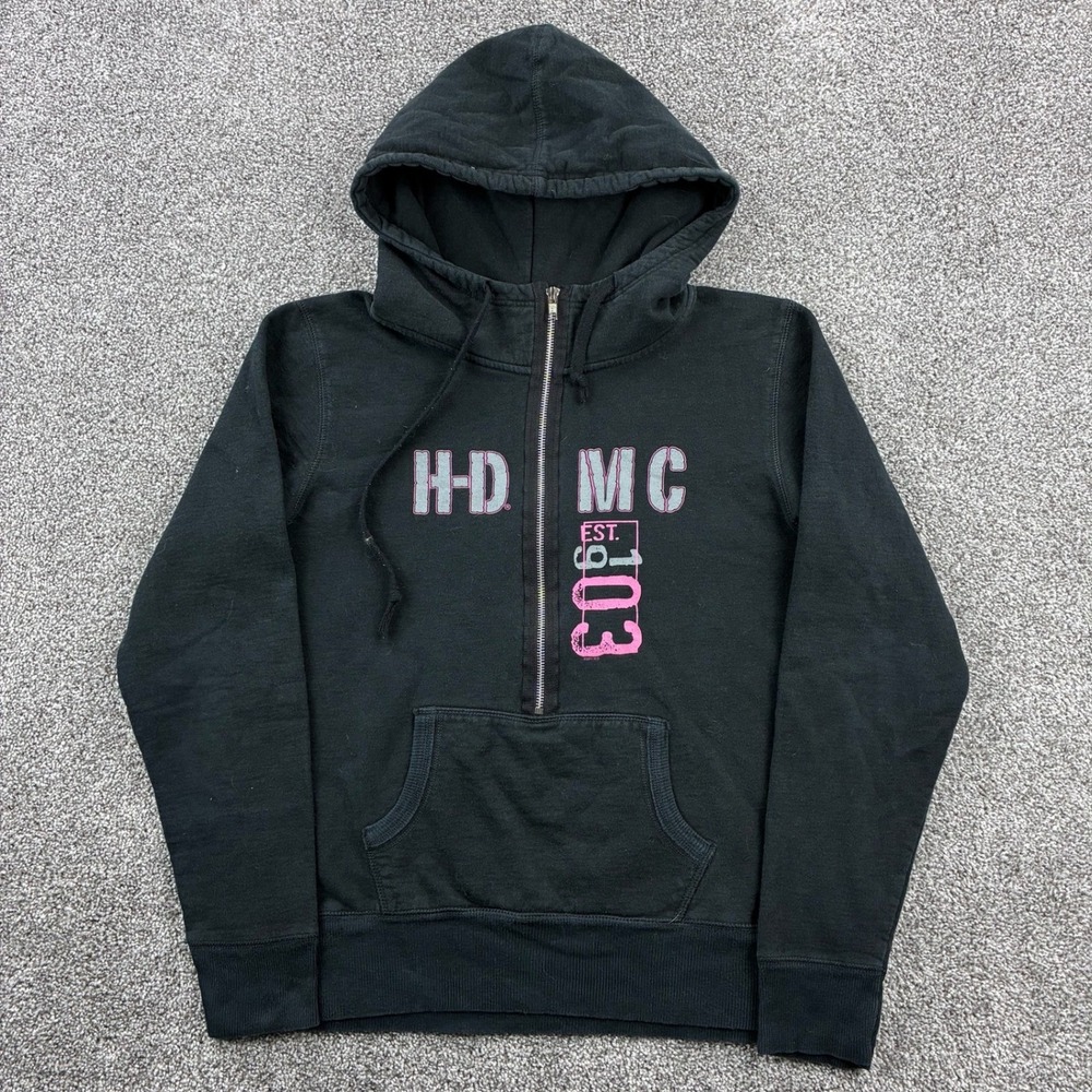 Vintage Y2K Harley Davidson Sweatshirt Women's Large Black‎ Light 1/2 Zip Hoodie